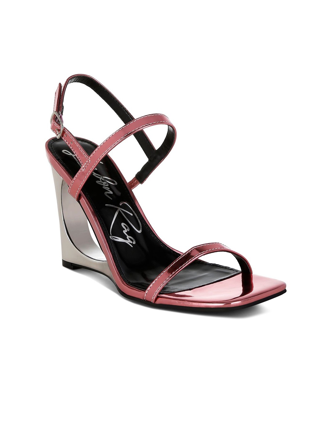 

London Rag Metallic Fantasy Wedge Heel Sandals with Buckles, Pink