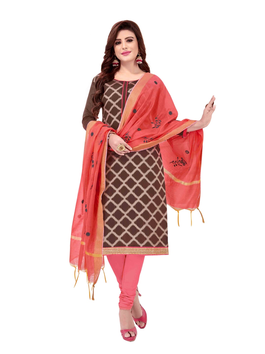 

HERE&NOW Geometric Woven Design Banarasi Jacquard Unstitched Dress Material, Brown