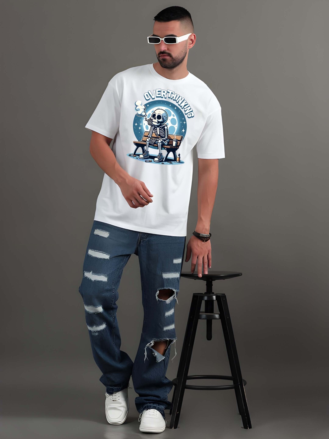 

Krimmple Men Graphic Printed Round Neck Cotton Oversized T-shirt, White