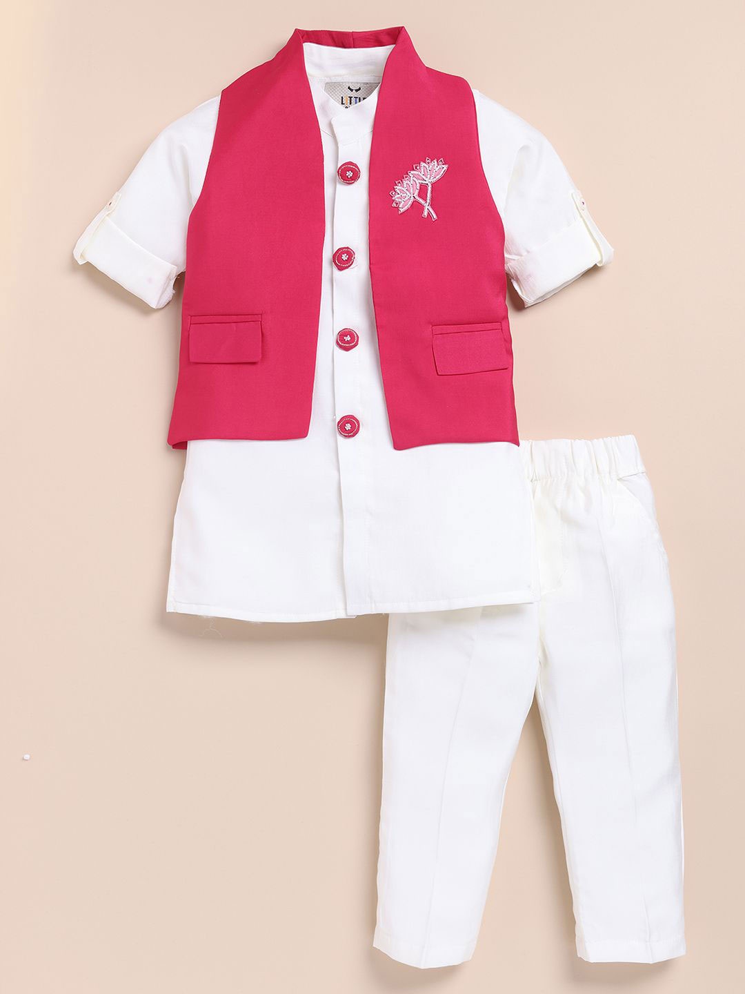 

LITTLE COLLARS Boys Mandarin Collar Straight Kurta With Pyjama & Nehru jacket, Pink