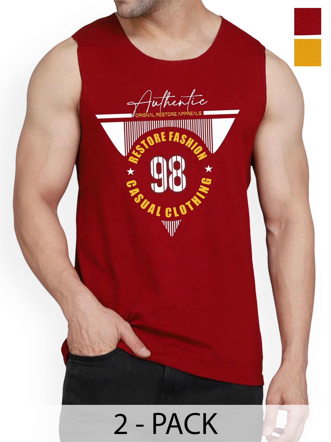 

WOOSTRO Men Pack Of 2 Printed Sleeveless Innerwear Gym Vests, Maroon