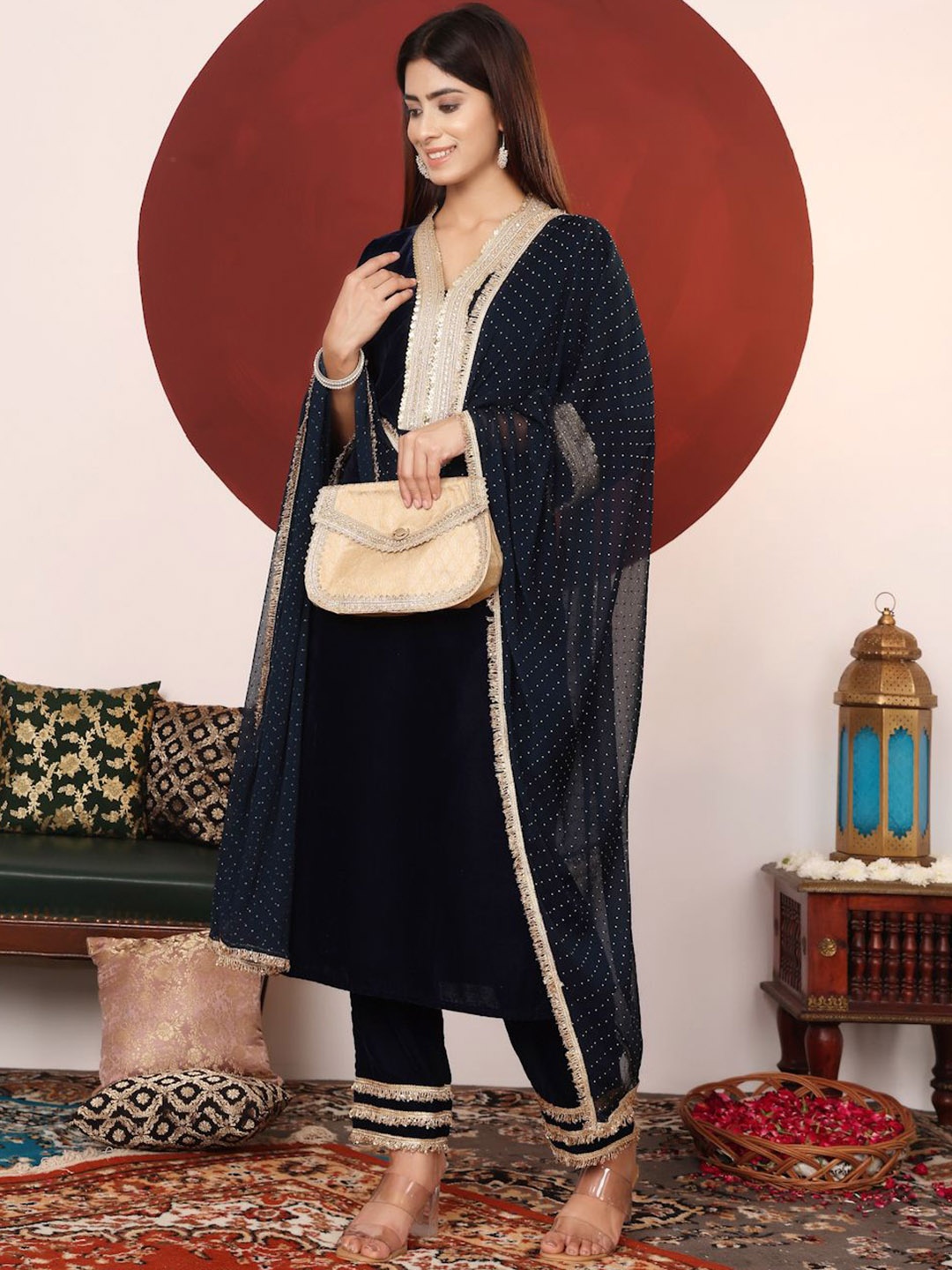 

Varanga Floral Embroidered Sequnnied Velvet Straight Kurta With Trousers And Dupatta, Navy blue