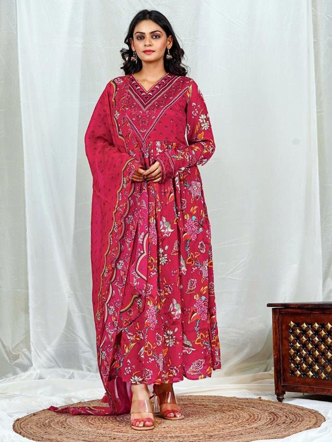 

EARTH O FAB Floral Print Chiffon Maxi Dress, Pink