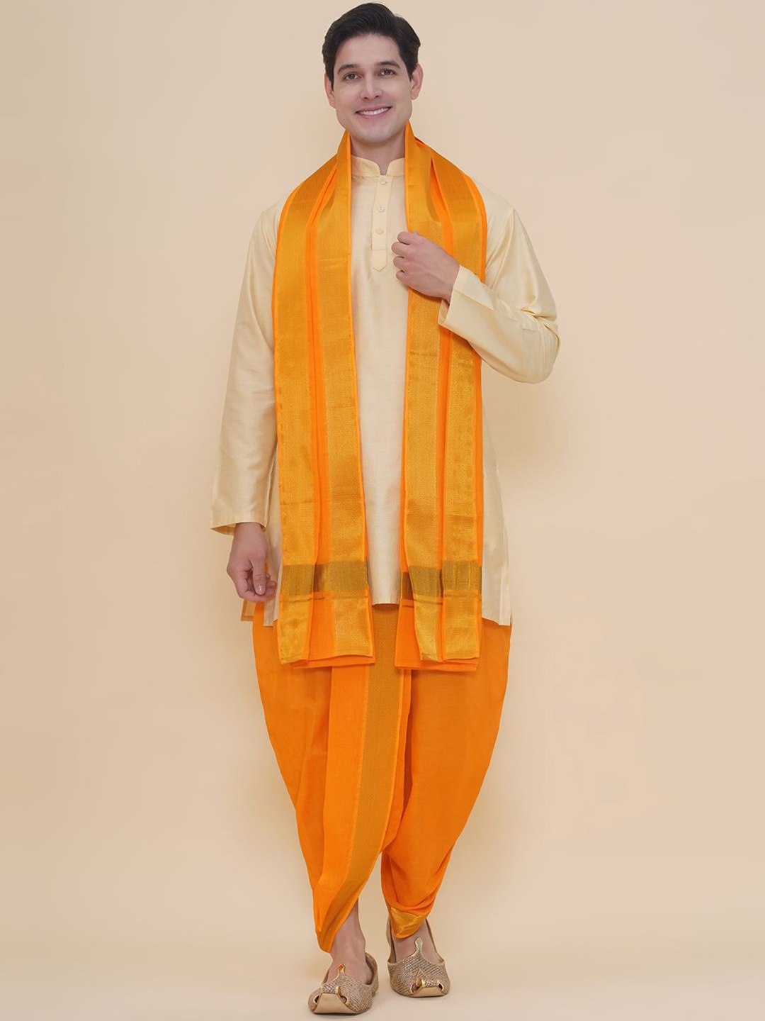 

Sethukrishna Mandarin Collar Art Silk Straight Kurta With Dhoti Pants And Angavastram, Beige