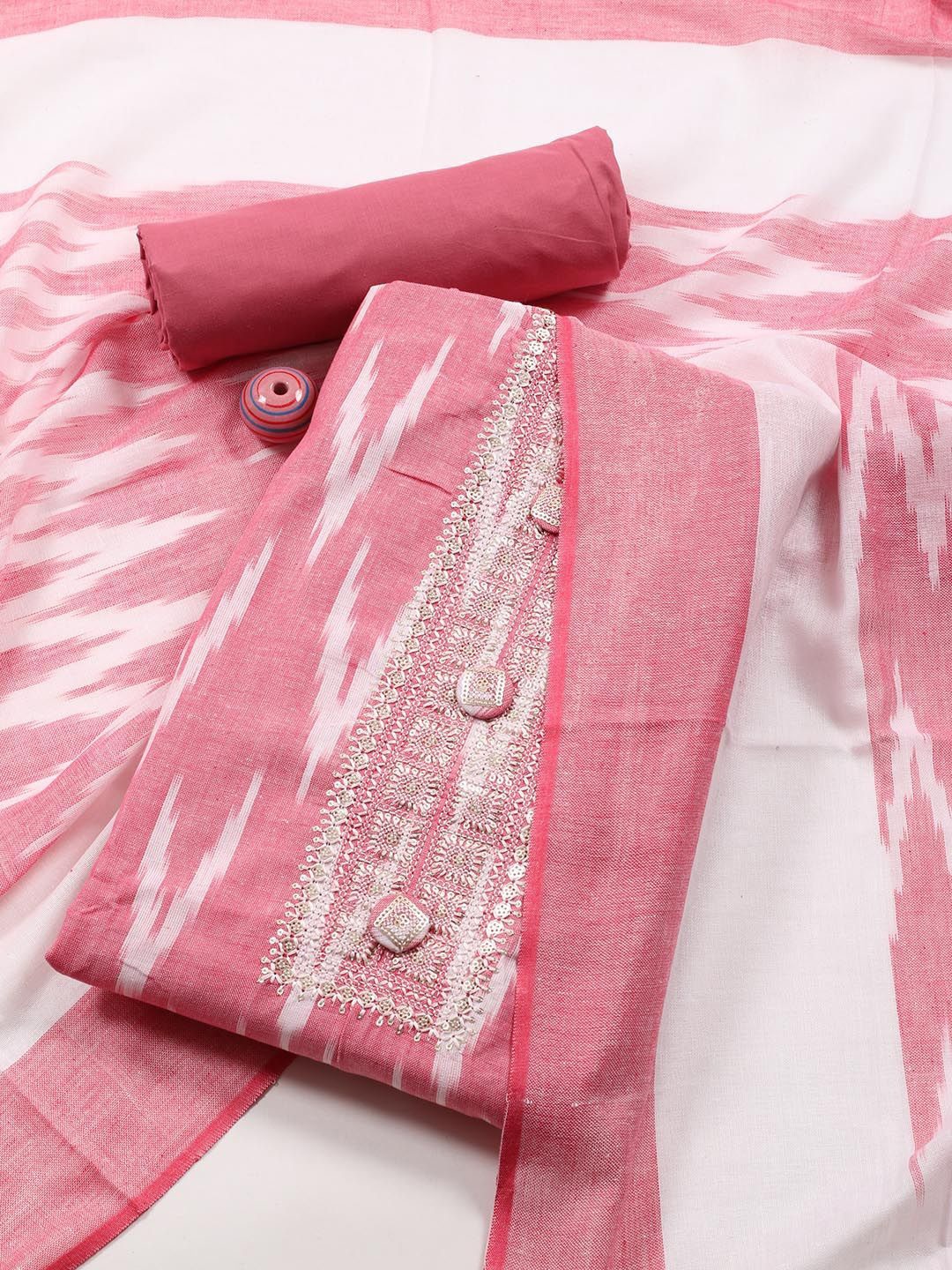 

Meena Bazaar Ikat Printed Sequinned Cotton Unstitched Dress Material, Pink