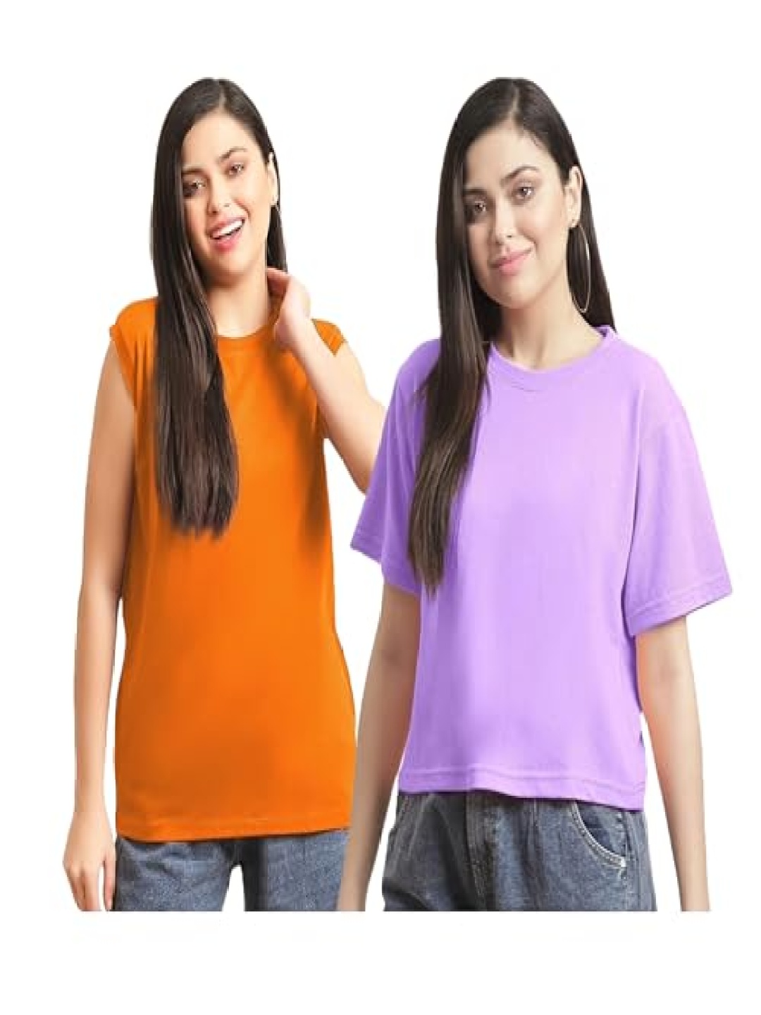 

NOTWILD Women Pack Of 2 Solid Round Neck Cotton T-shirts, Orange