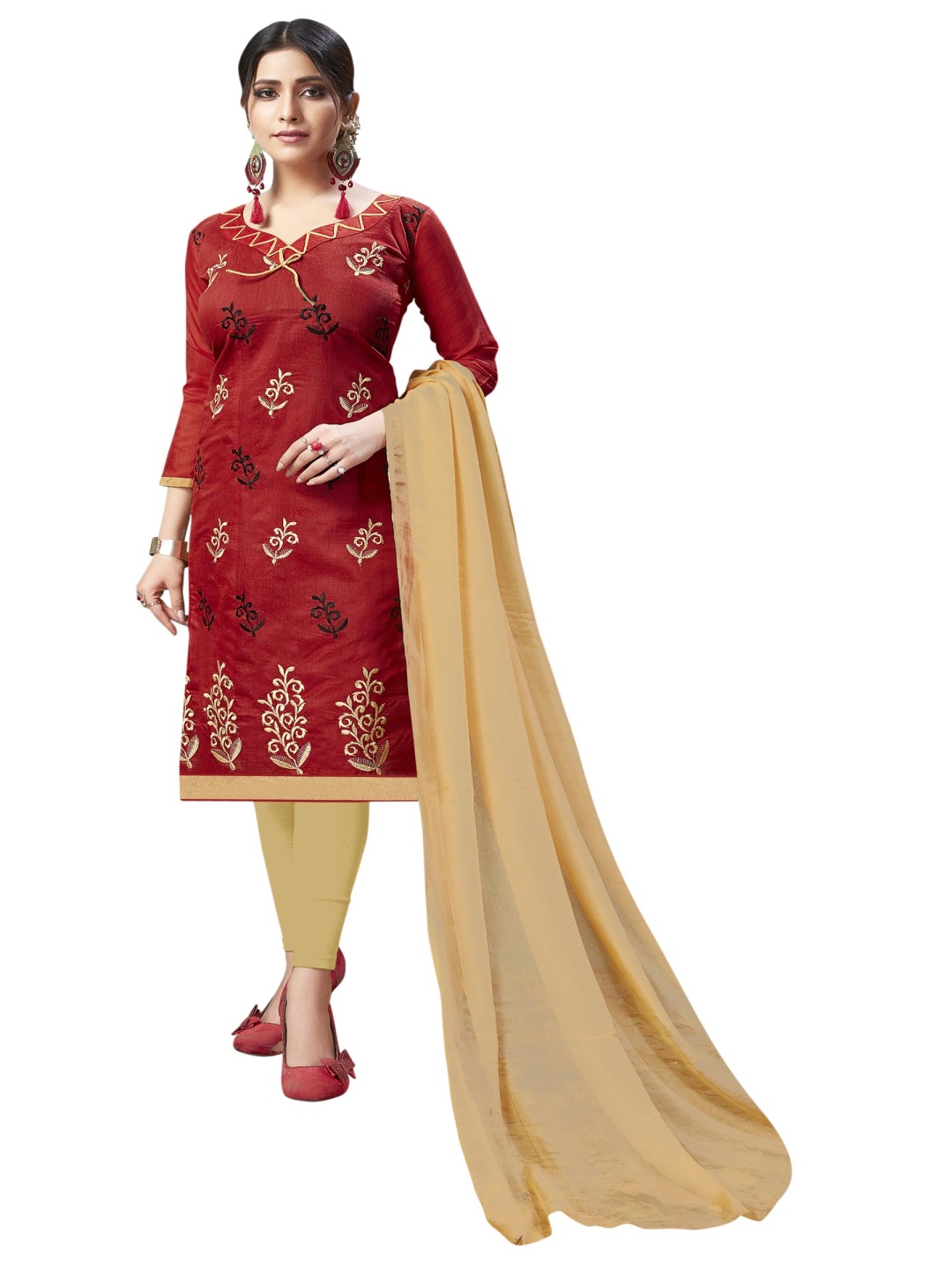 

HERE&NOW Floral Embroidered Chanderi Unstitched Dress Material, Red