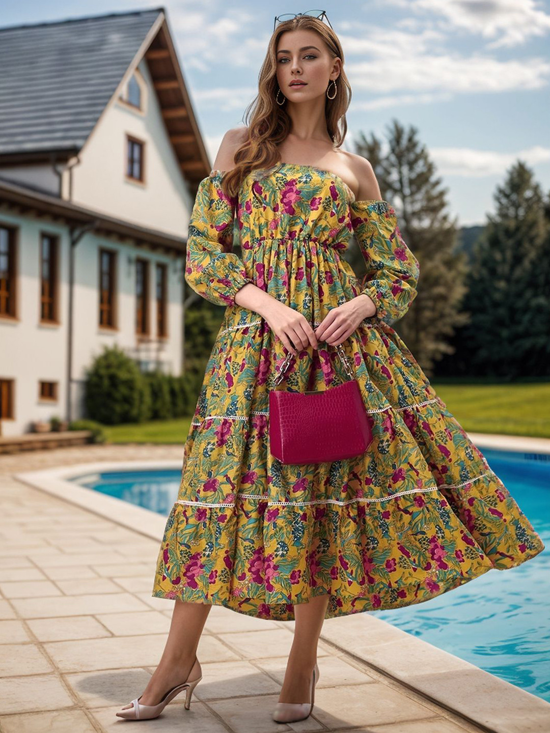 

DressBerry Women Floral Bell Sleeve Empire Maxi Dress, Pink