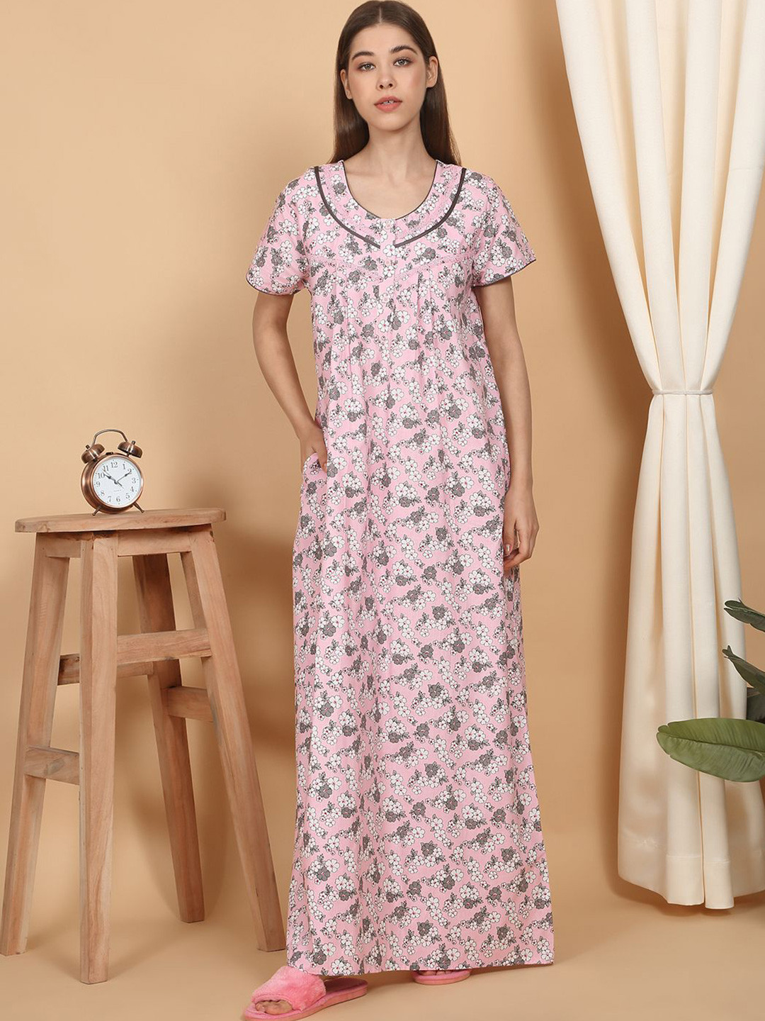 

SAANJ Women Printed Pure Cotton Maxi Nightdress, Pink