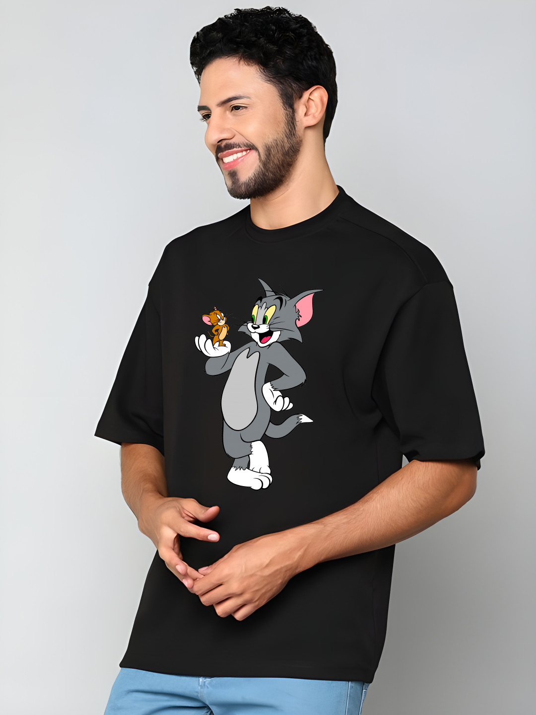 

Krimmple Men Tom & Jerry Graphic Printed Round Neck Relaxed Fit Cotton T-shirt, Black