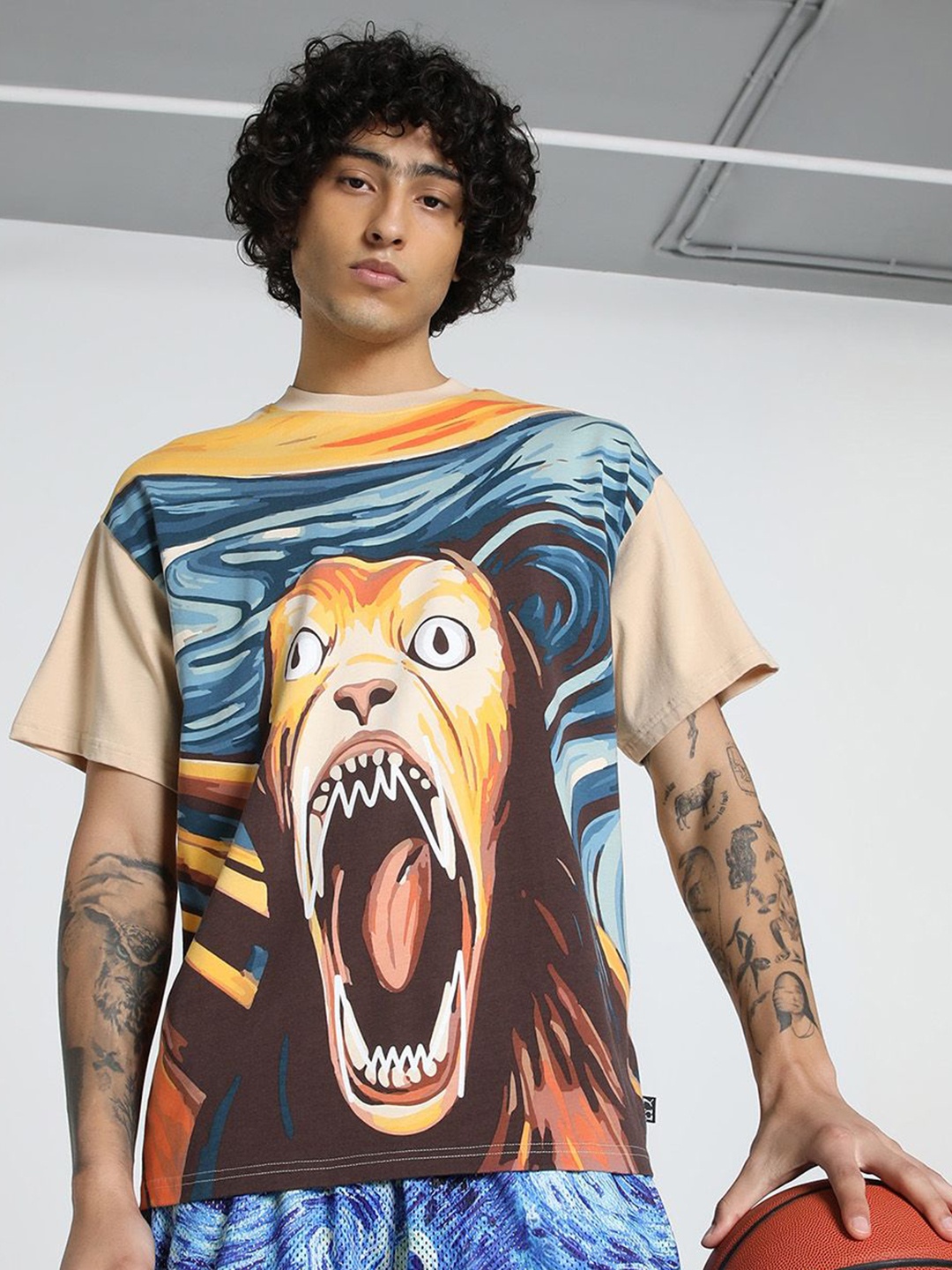 

Puma Men Dylan Exhibit Printed Pure Cotton Oversized Fit Short Sleeve Basketball T-Shirt, Beige