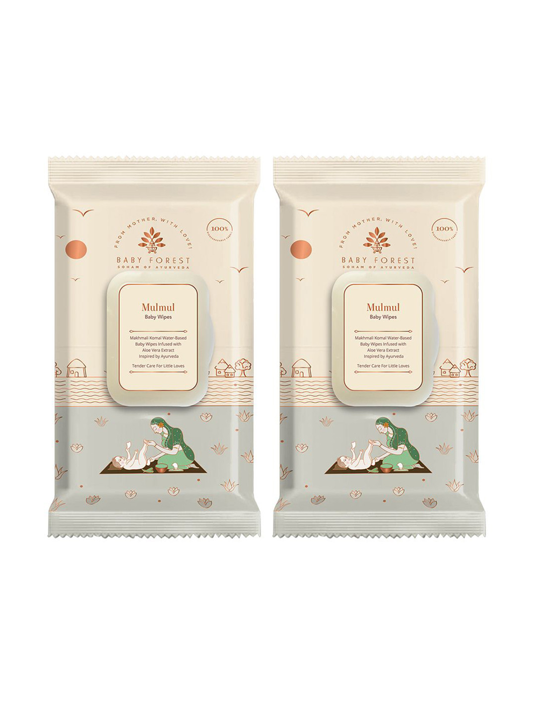 

Baby Forest Set Of 2 Mulmul Ultra Soft & Water Based Baby Wipes - 72 Wipes Each, Beige