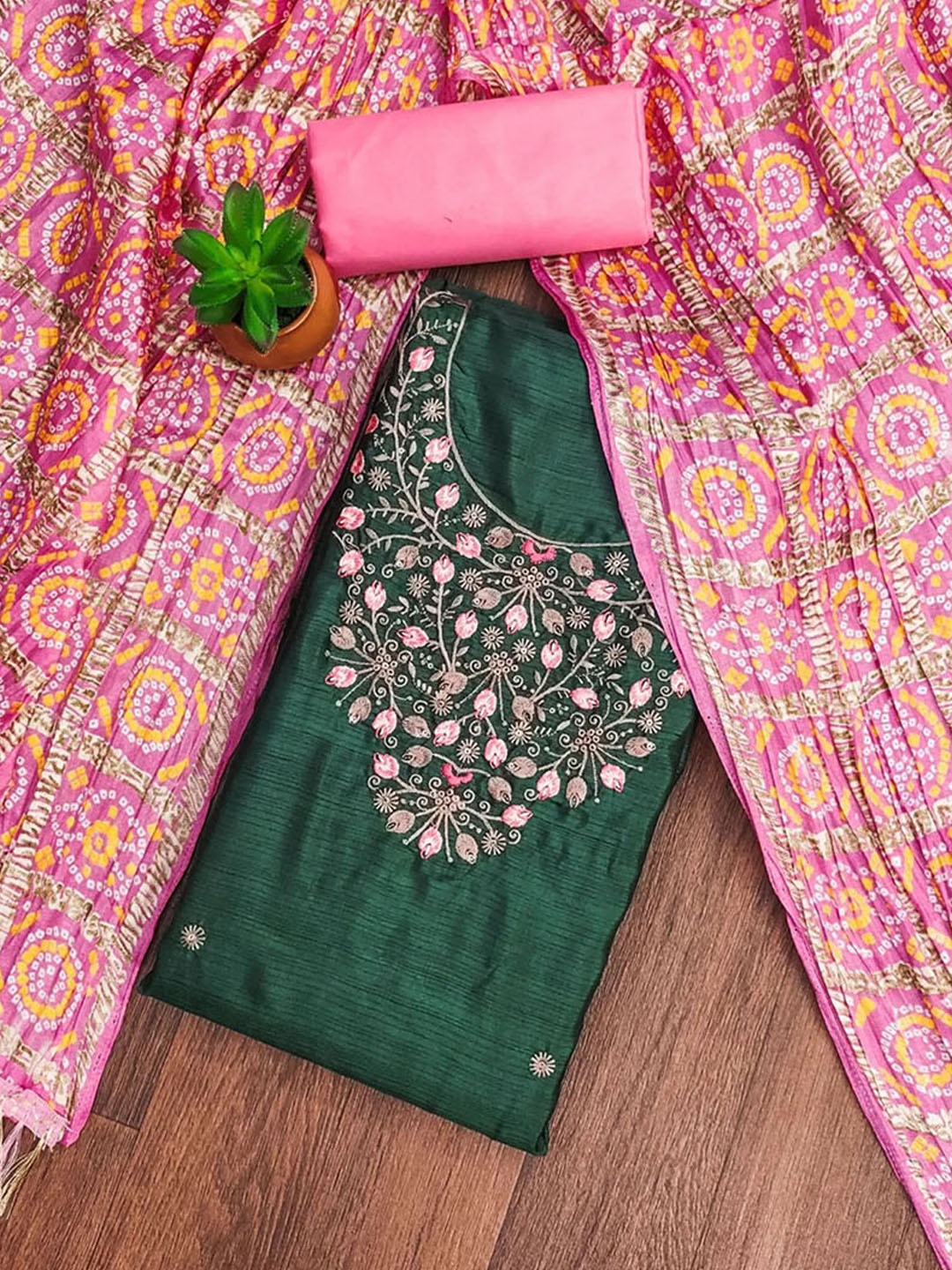 

Sidhidata Floral Embroidered Sequinned Unstitched Dress Material, Green