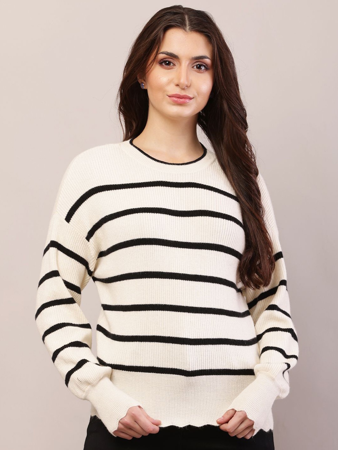 

NoBarr Women Striped Pullover, Cream