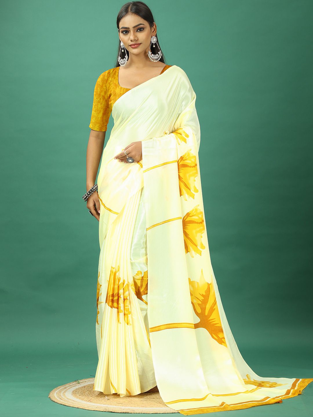 

A.V.M. SILK MILLS Floral Printed Pure Crepe Saree, Yellow