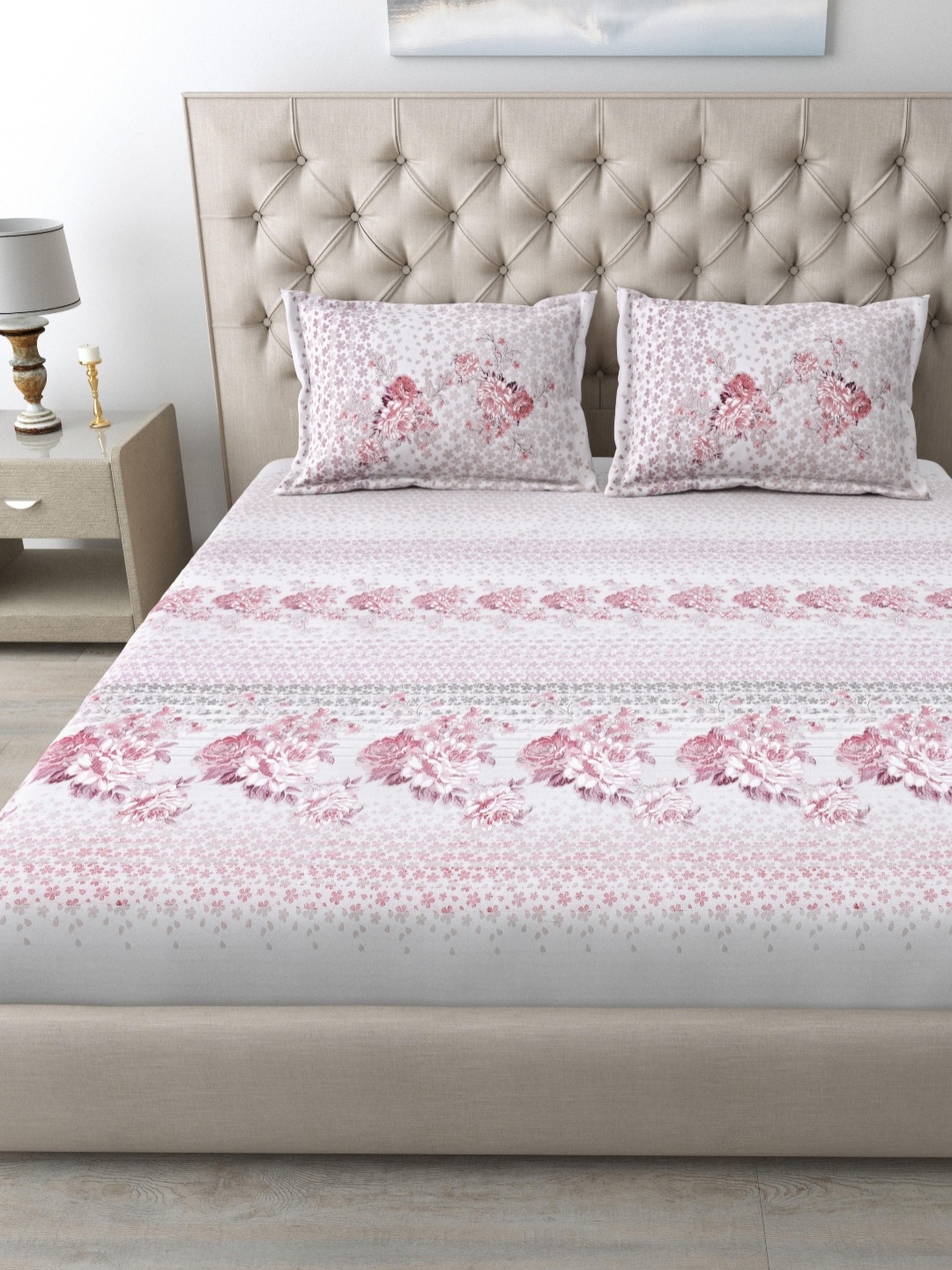 

MAFATLAL Pink & White Floral Printed 186 TC King Bedsheet Set-2.74 m x 2.74 m