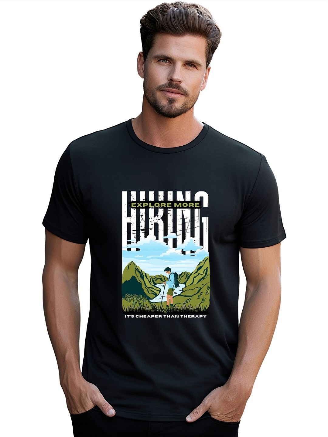 

BOWLIFESTYLE Men Graphic Printed Round Neck Pure Cotton T-shirt, Black
