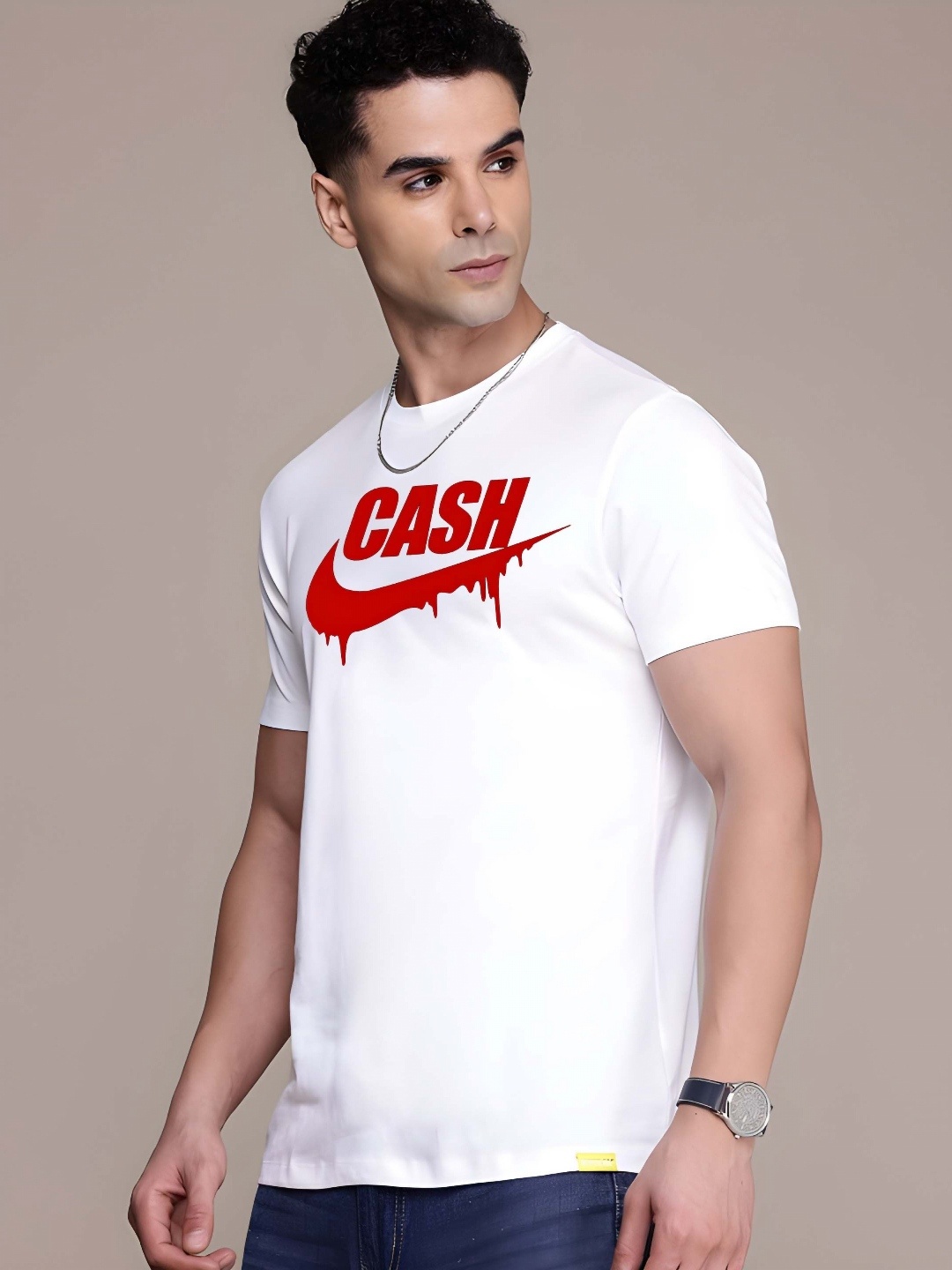 

Krimmple Men Typography Printed Round Neck Cotton T-shirt, White