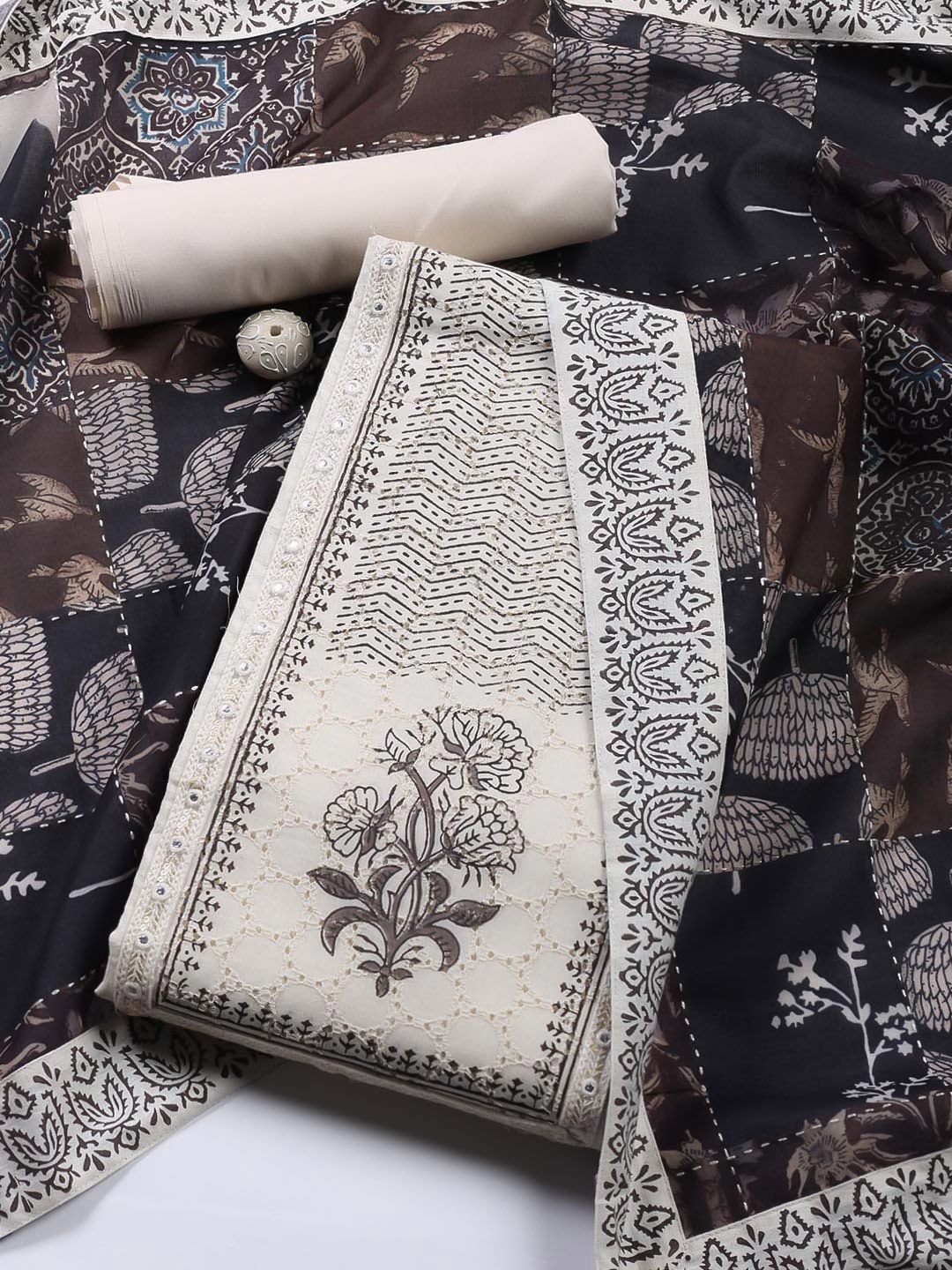 

Meena Bazaar Floral Printed Unstitched Dress Material, Cream