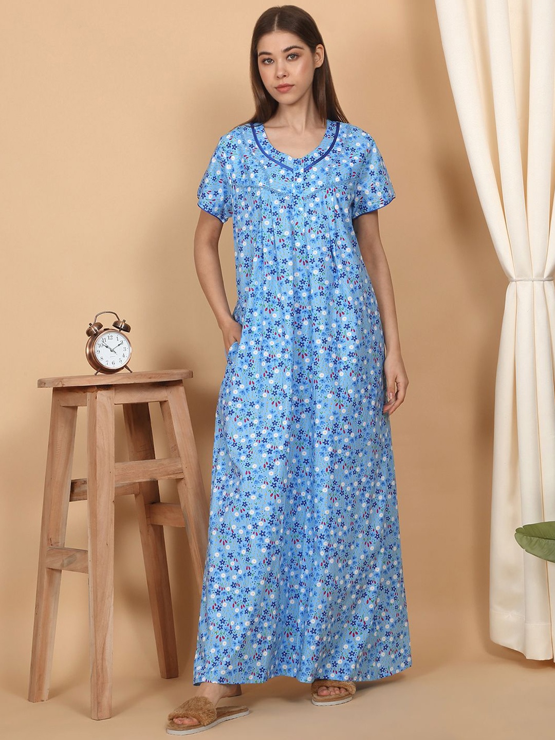 

SAANJ Printed Maxi Nightdress, Blue