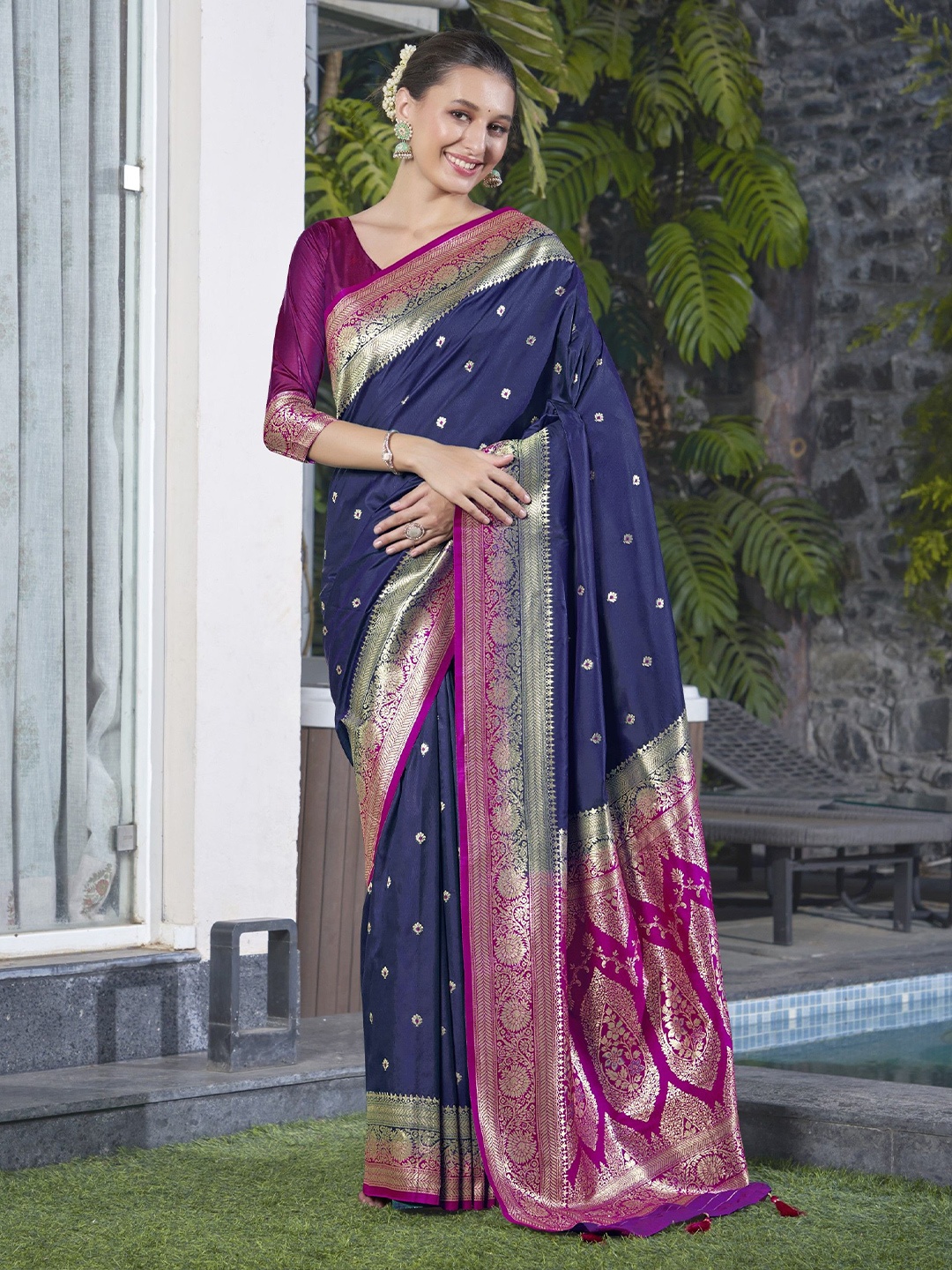 

SAREETHNIC Ethnic Motifs Woven Design Pure Silk Banarasi Saree, Blue