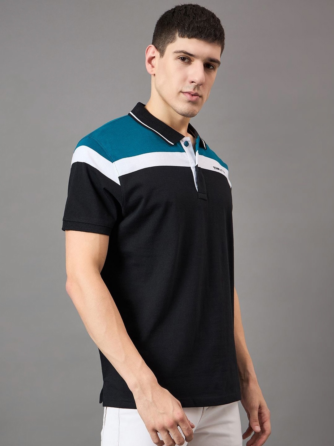 

BRONATION Men Striped Polo Collar Cotton T-shirt, Teal