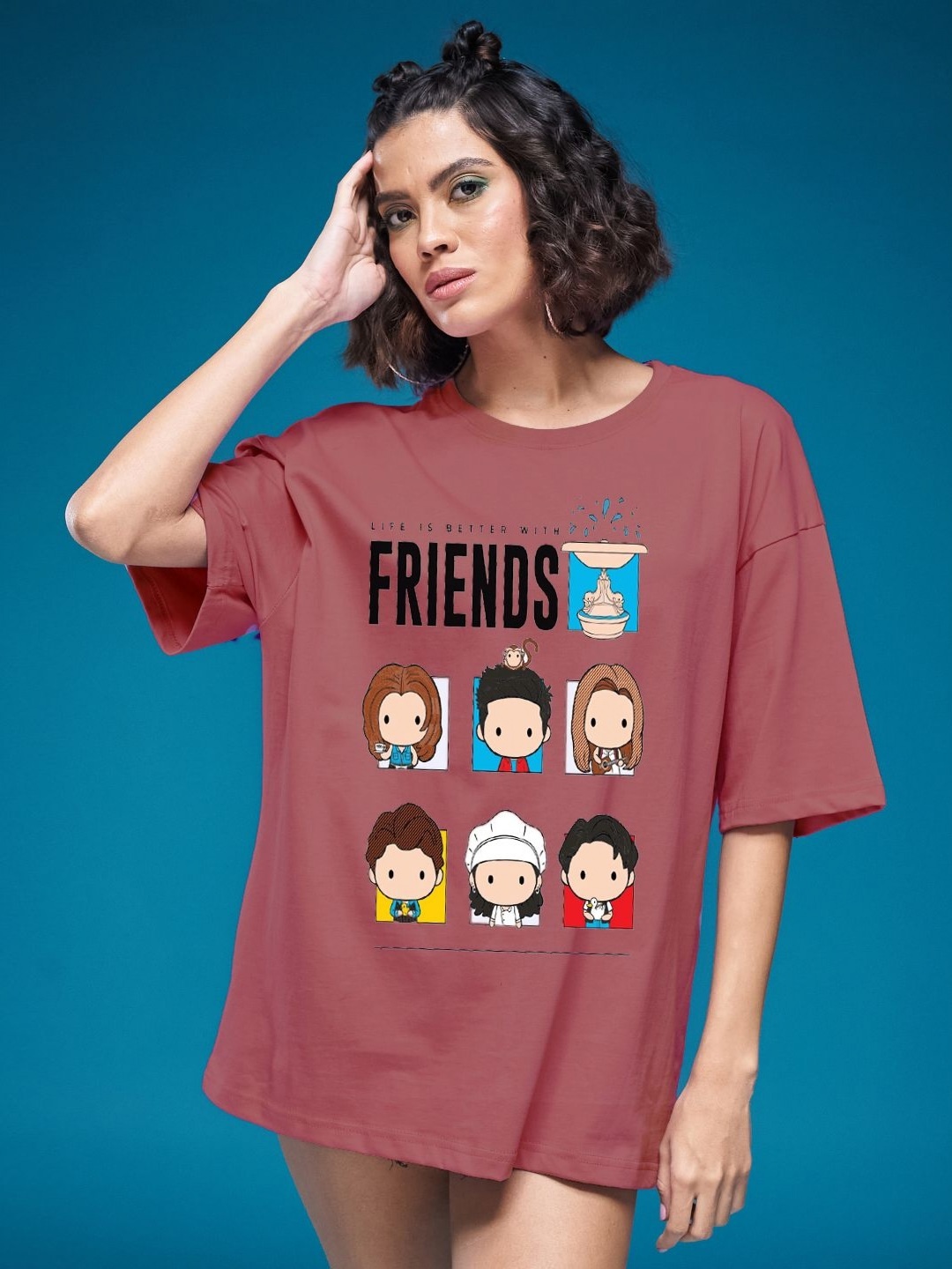 

SMARTEES Women Graphic Printed Round Neck Cotton Oversized T-shirt, Pink