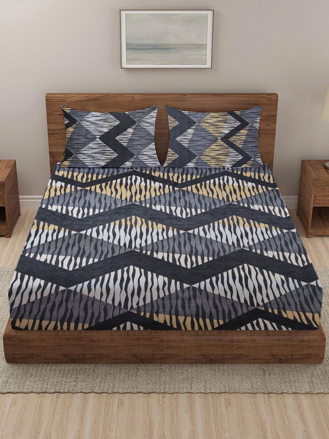 

THE little BIG STORE Grey Melange & White Geometric 260 TC King Bedsheet with 2 Pillow Covers