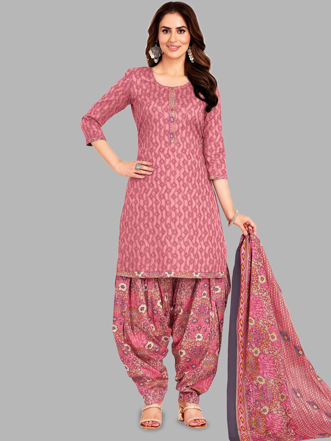 

shree jeenmata collection Printed Pure Cotton Unstitched Dress Material, Pink