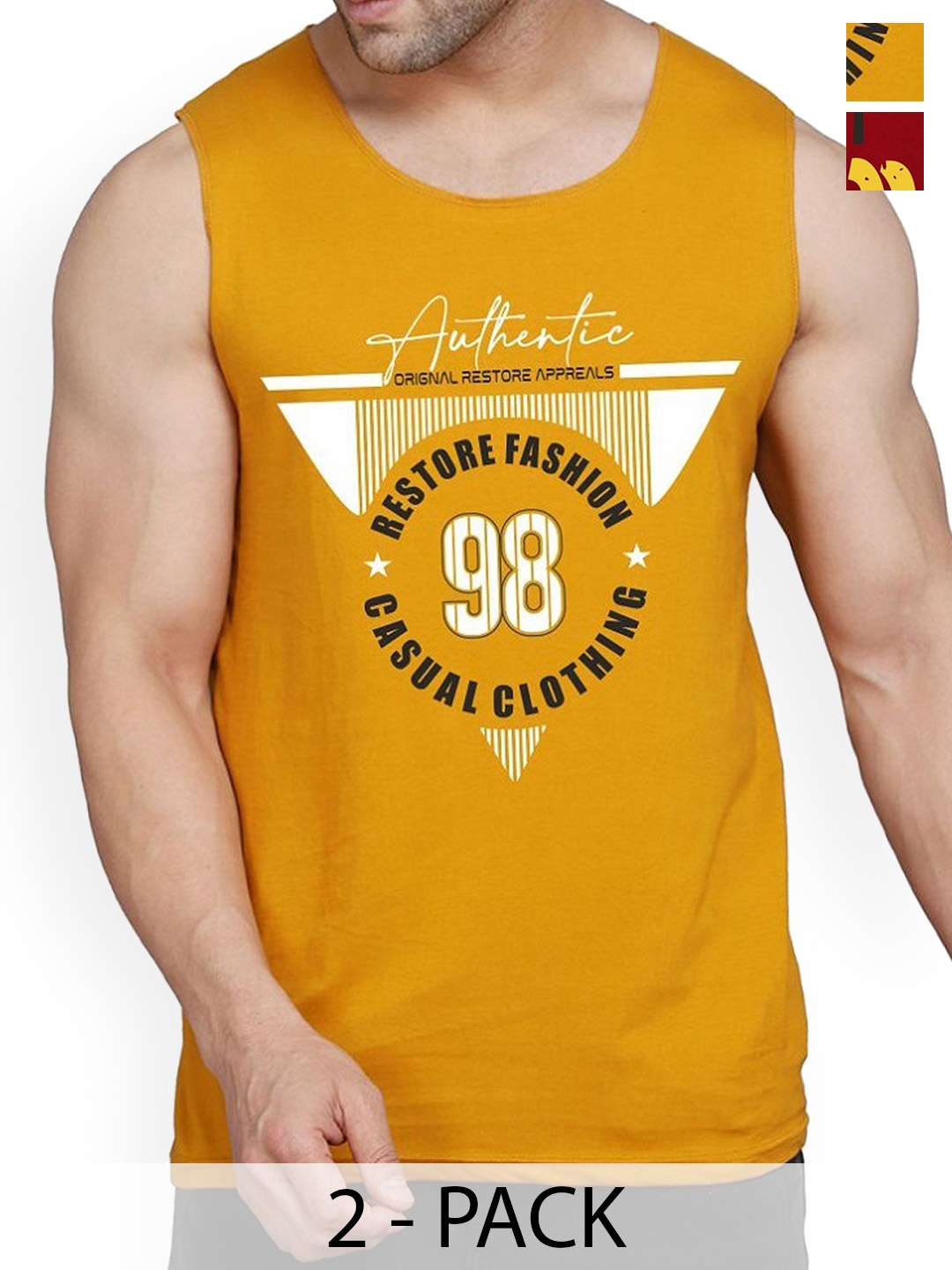 

WOOSTRO Pack Of 2 Printed Cotton Gym Vests RS26 CMB (MORE MAROON) (98 MUSTARD)