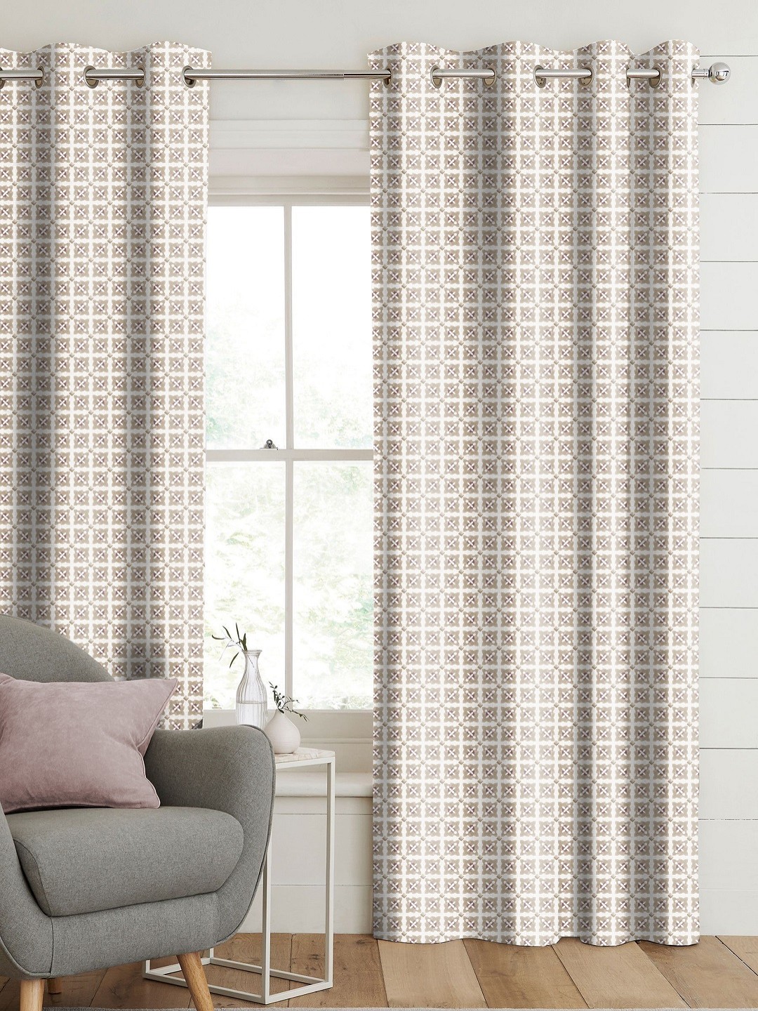 

CASABLEU Anthem Doha Pink & White 2 Pieces Geometric Printed Room Darkening Door Curtains
