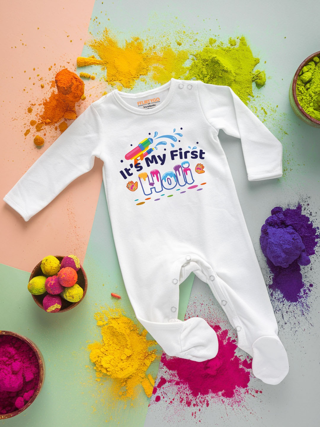 

FFLIRTYGO Infants Holi Printed Pure Cotton Sleepsuit, White