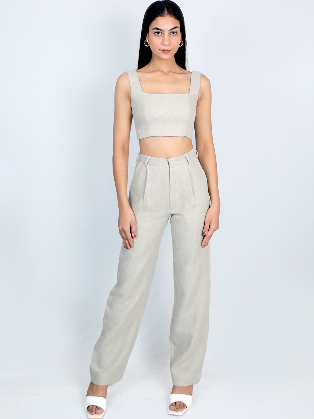 

House of Harakh Women Tailored High-Rise Pleated Trousers, Beige