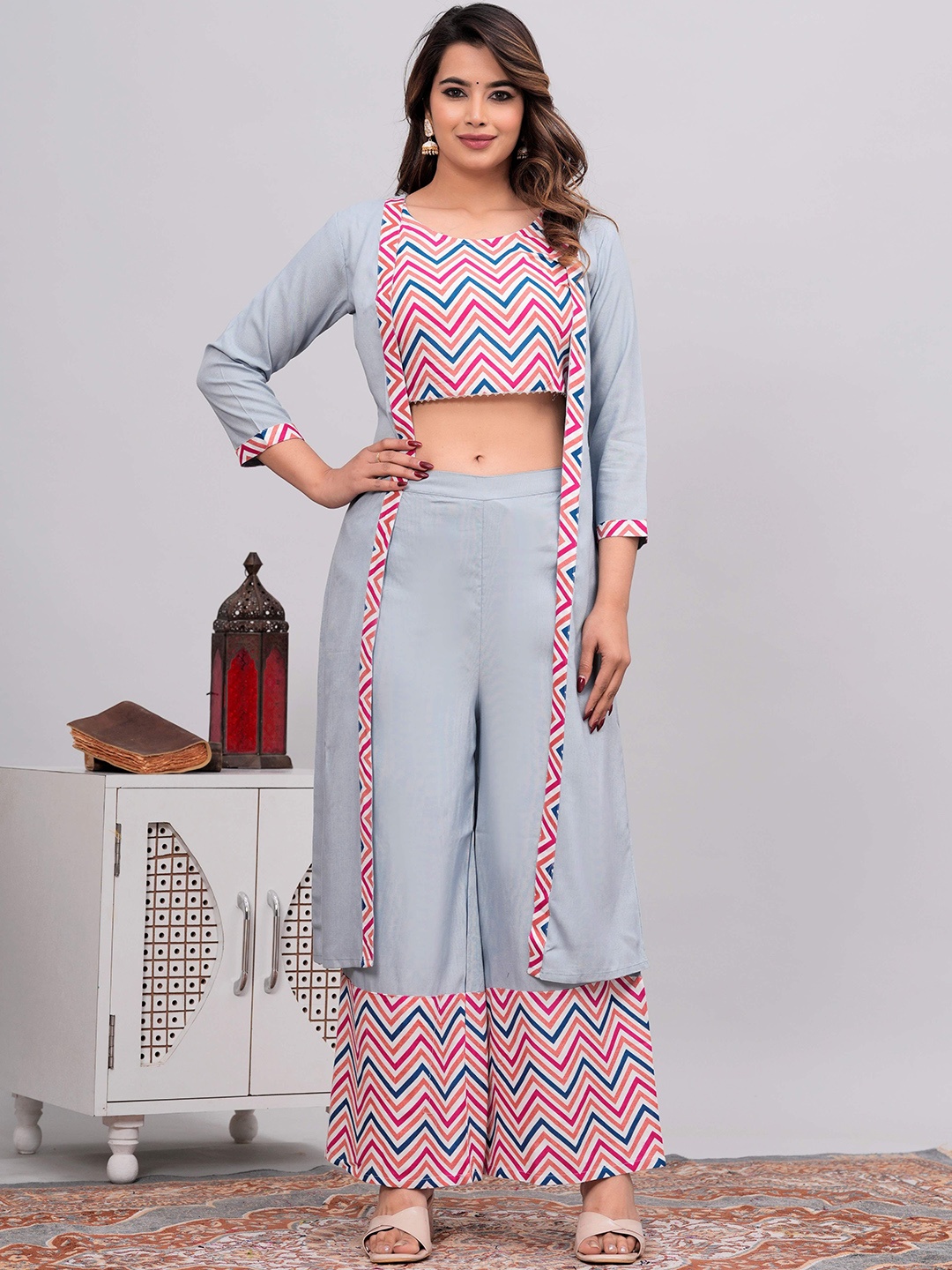 

SRFA Printed Round Neck Top Jacket With Trousers Co-Ords Set, Grey
