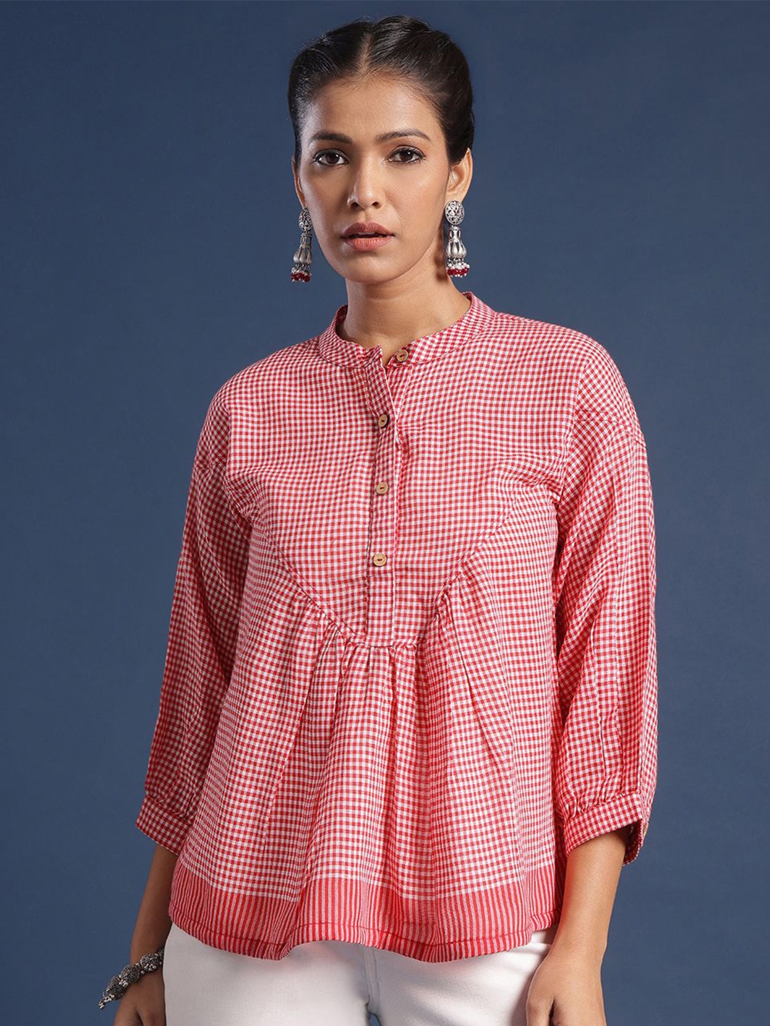 

Taavi Checked Mandarin Collar Woven A-Line Top, Red