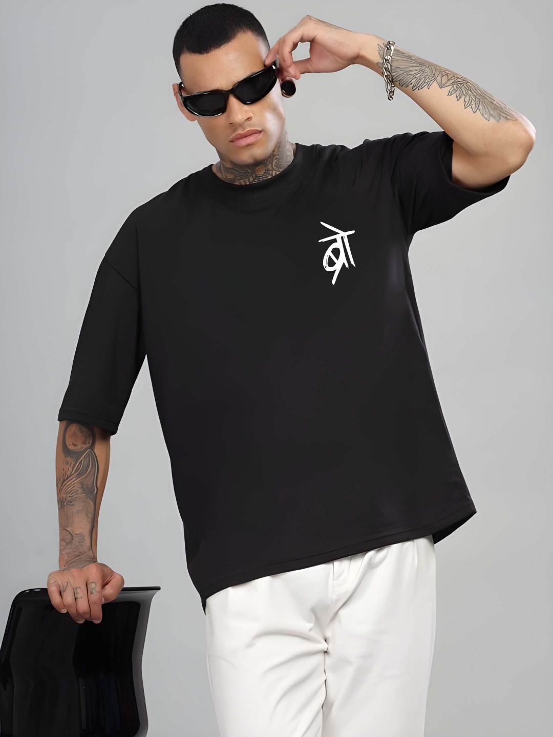 

BOWLIFESTYLE Men Drop-Shoulder Sleeves Pure Cotton T-shirt, Black