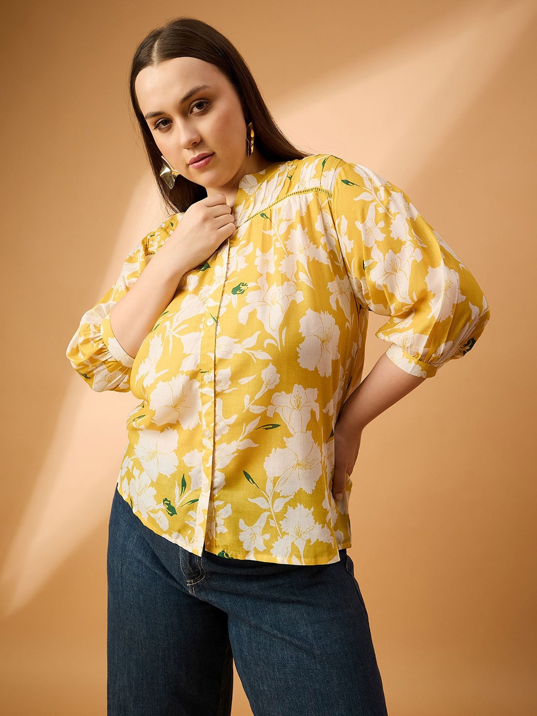 

all about you Plus Size Floral Printed Mandarin Collar Shirt Style Puff Sleeve Top, Yellow