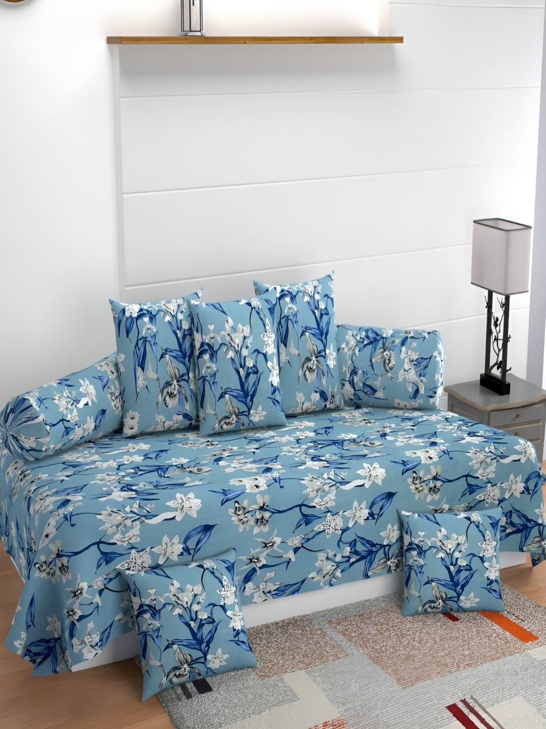 

Jizzby 8-Pcs Blue & Grey Printed240TC DiwanSet