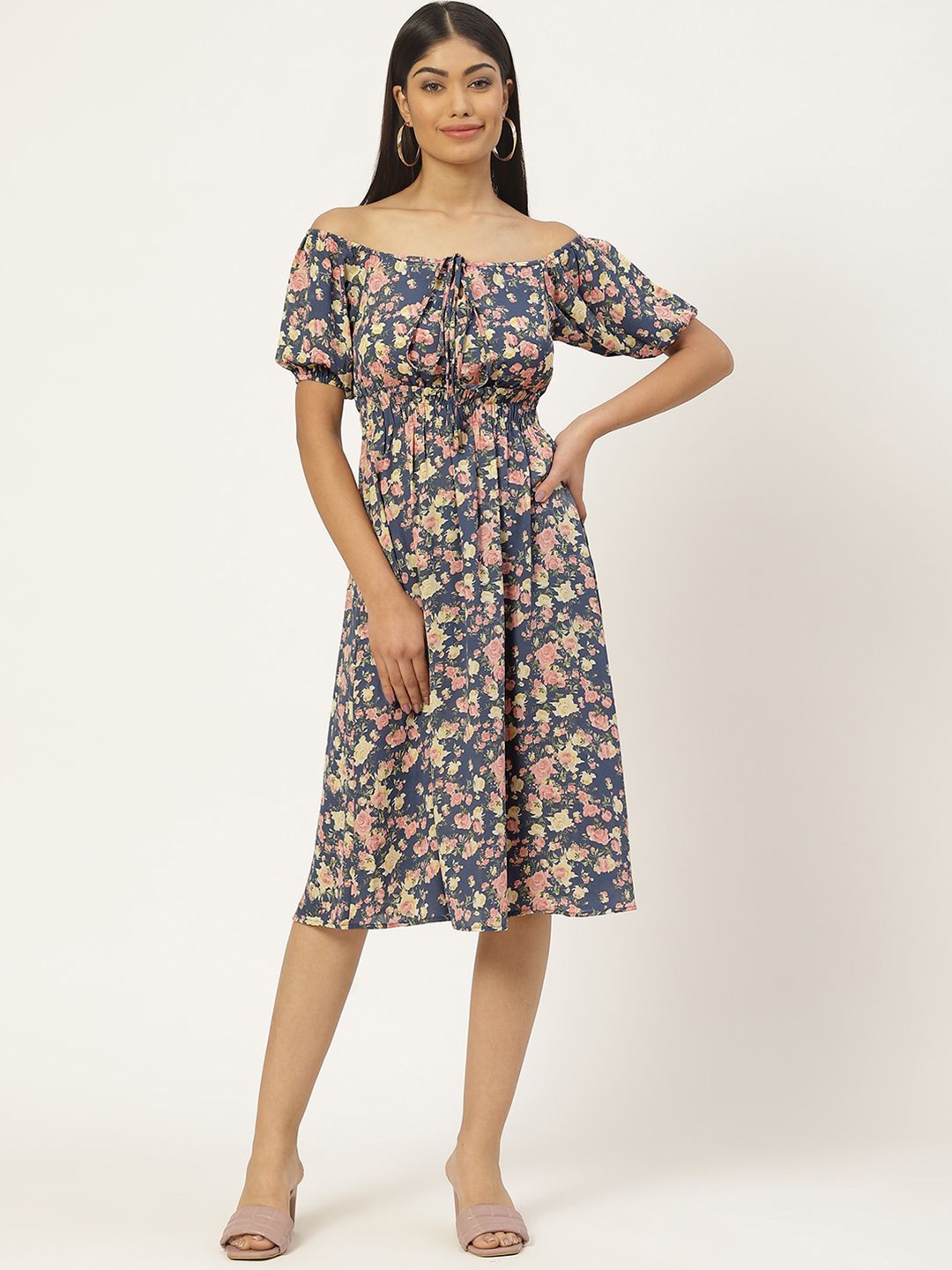 

Moda Rapido Floral Print Off-Shoulder Puff Sleeve Georgette Fit & Flare Dress, Multi