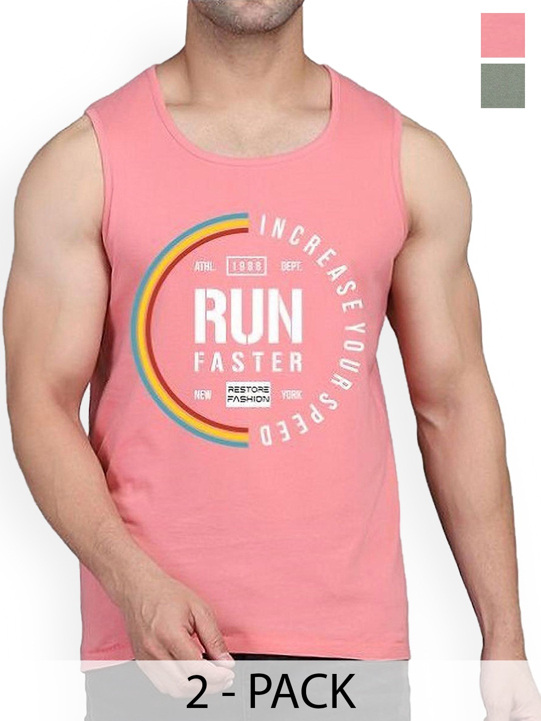 

WOOSTRO Pack Of 2 Printed Combed Cotton Gym Vest RS26 CMB (MORE LGTGREEN) (RUN PEACH), Green
