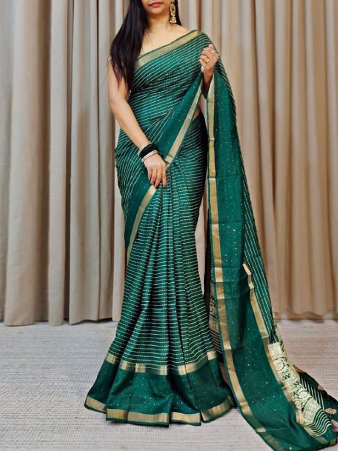 

bansari textiles Woven Design Zari Pure Silk Jamdani Saree, Green