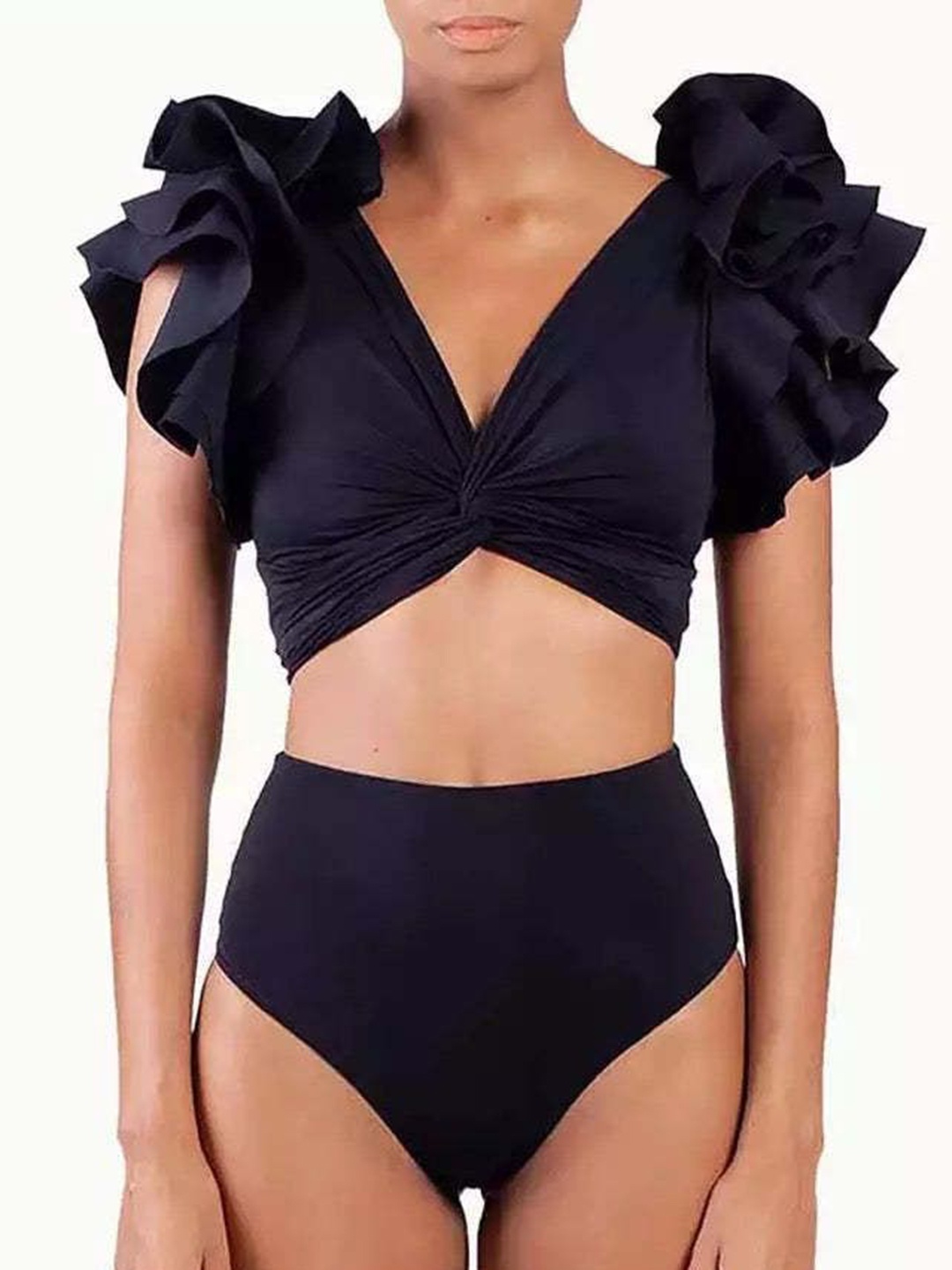 

Plus Curvves Women V-Neck Swim Bikini Set With Sarong, Black