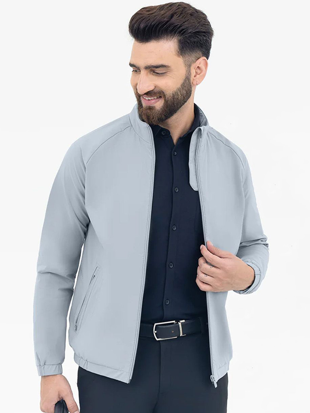 

Harfun Men Polyester Water Resistant Crop Open Front Jacket, Grey