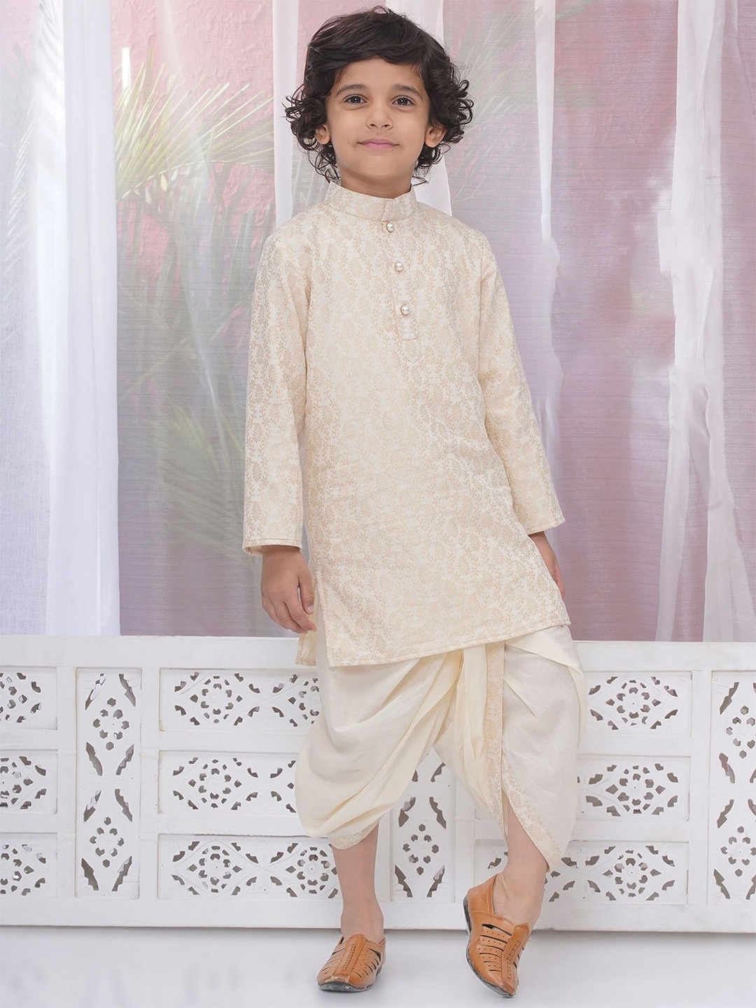 

Little Bansi Boys Regular Pure Cotton Kurta with Dhoti Pants, Cream