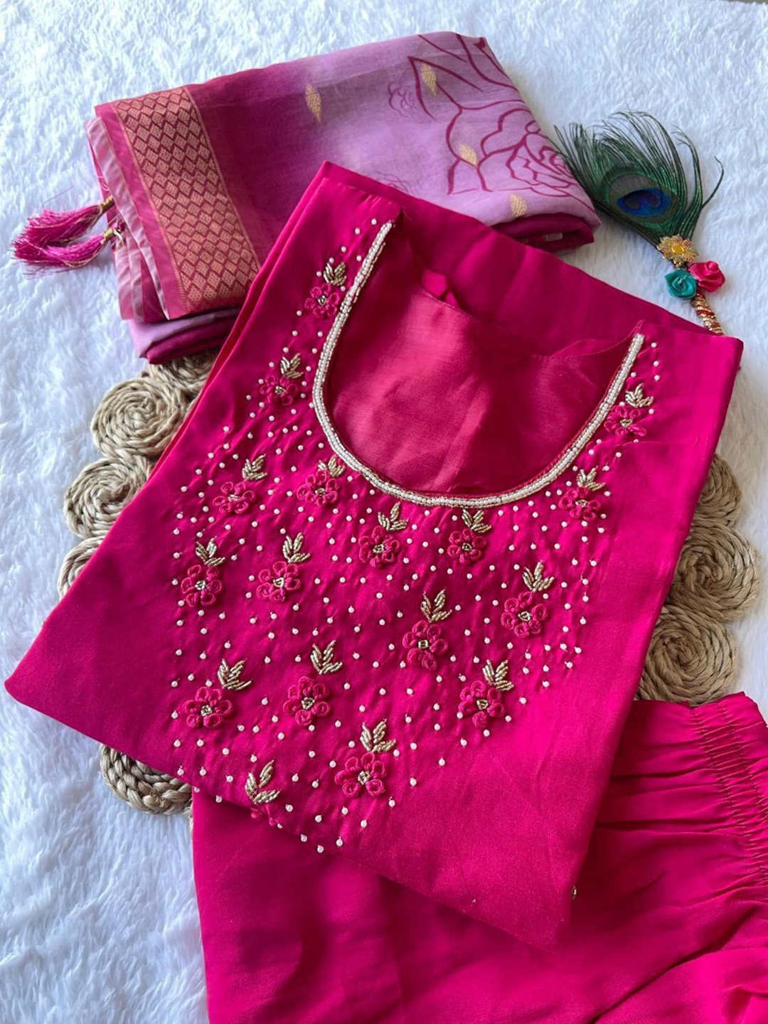 

XAYCRA CREATION Floral Yoke Design Beads Work Pure Silk Kurta With Pyjama & Dupatta, Pink