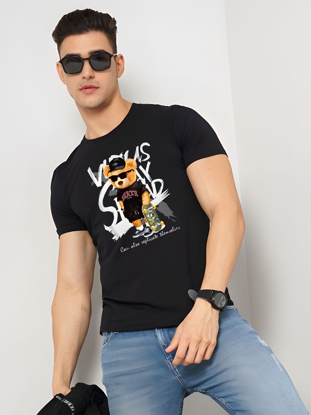 

Krimmple Men Graphic Printed Round Neck Cotton T-shirt, Black