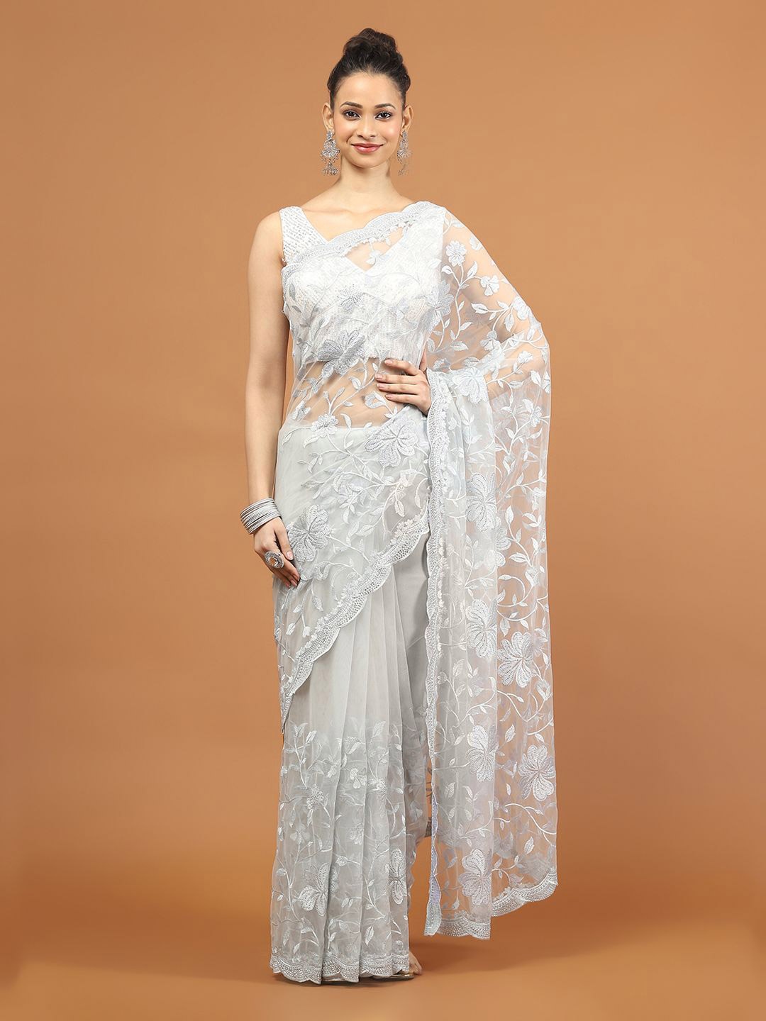 

Meena Bazaar Floral Embroidered Net Saree, Grey