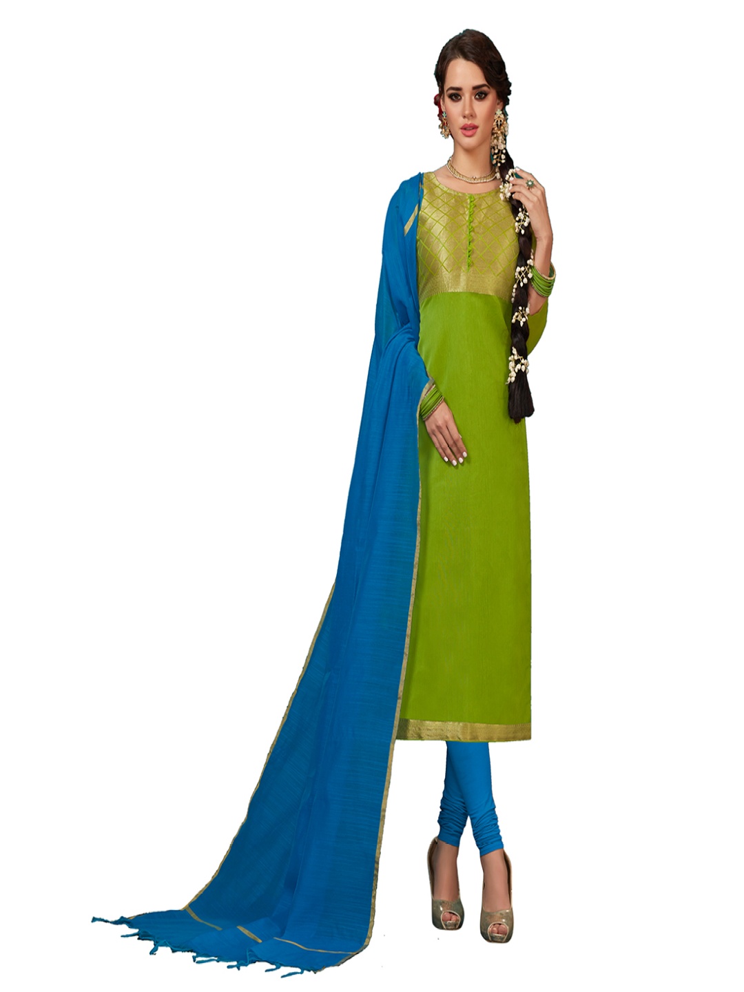 

HERE&NOW Geometric Woven Design Banarasi Silk Unstitched Dress Material, Green