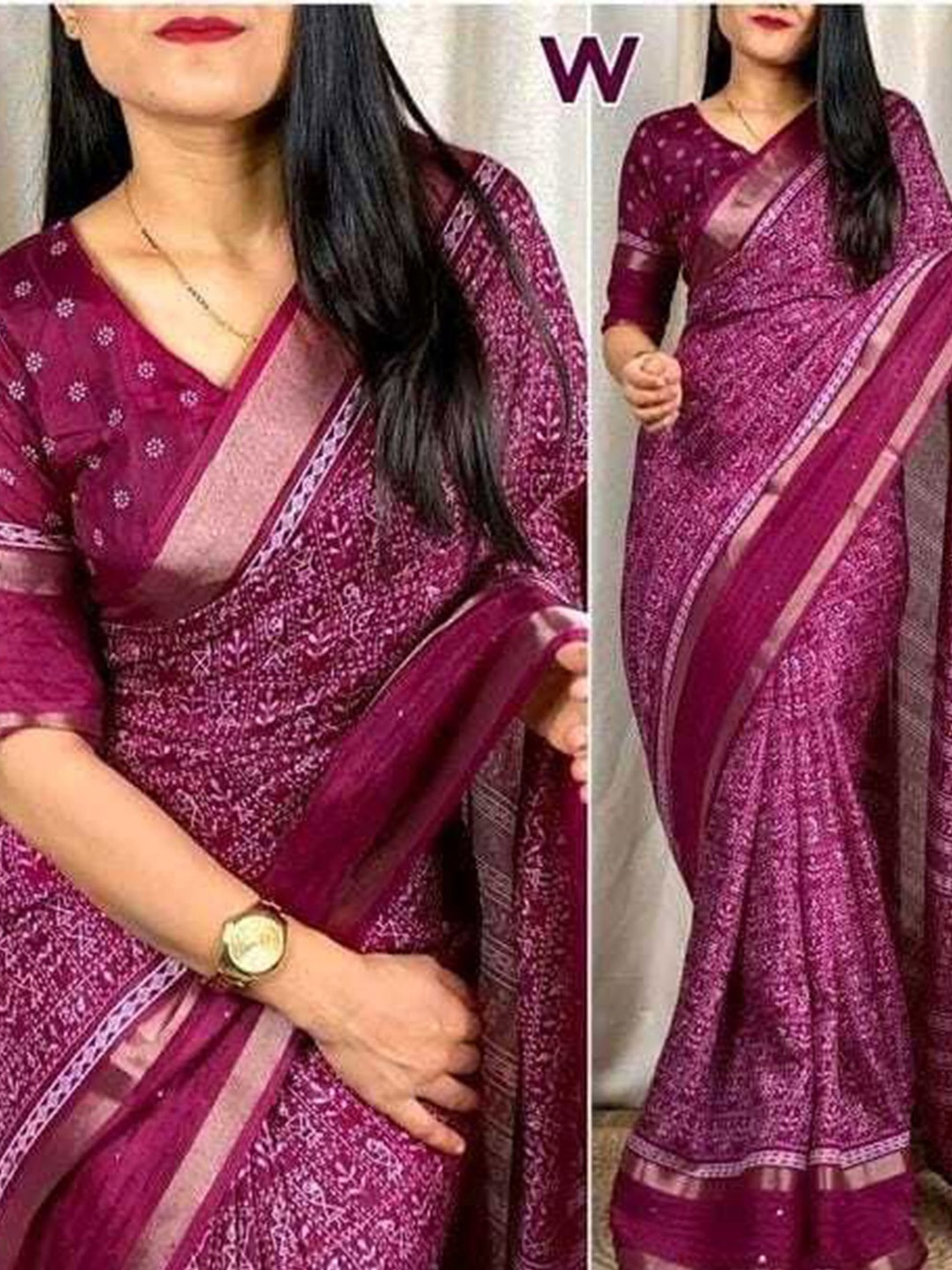 

bansari textiles Woven Design Printed Warli Zari Pure Cotton Jamdani Saree, Purple