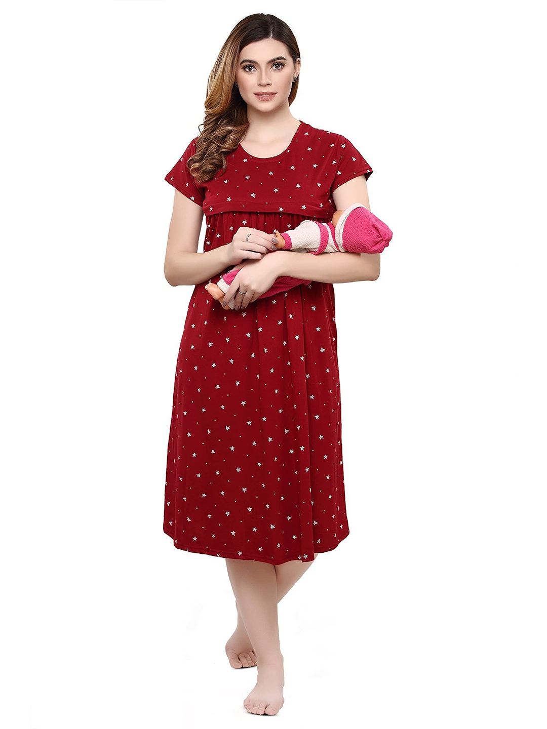 

TIGYWIGY Women Cotton Maternity Nightdress, Maroon